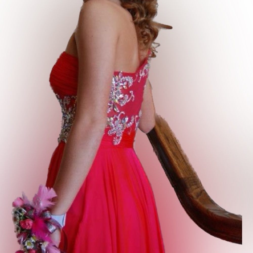 WORN ONCE. Beautiful iridescent pink dress. Size 2 Mac Duggal one shoulder. - Picture 2 of 3